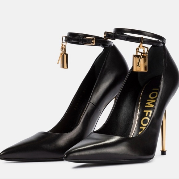 Tom Ford Women NEW! $1,450 Tom Ford Padlock Ankle Strap Stiletto Leather Pumps Heels 37.5 7.5